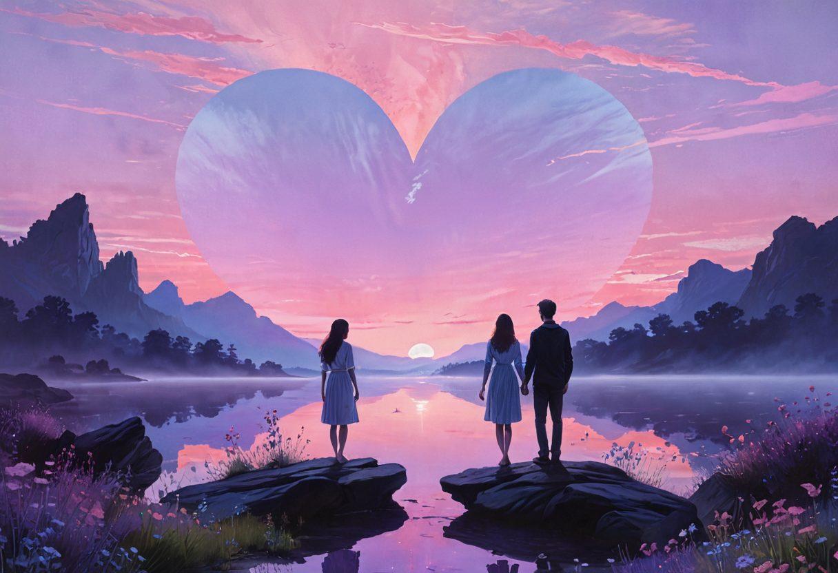 A serene landscape featuring a broken heart symbol gradually mending, surrounded by ethereal wisps of colorful light representing emotions. In the background, silhouettes of two people standing apart, gazing at each other with a hopeful expression, amidst a twilight sky. Soft flowers blooming at their feet symbolize healing and growth. Incorporate a gentle color palette of blues, purples, and pinks for a dreamlike effect. painting. vibrant colors.