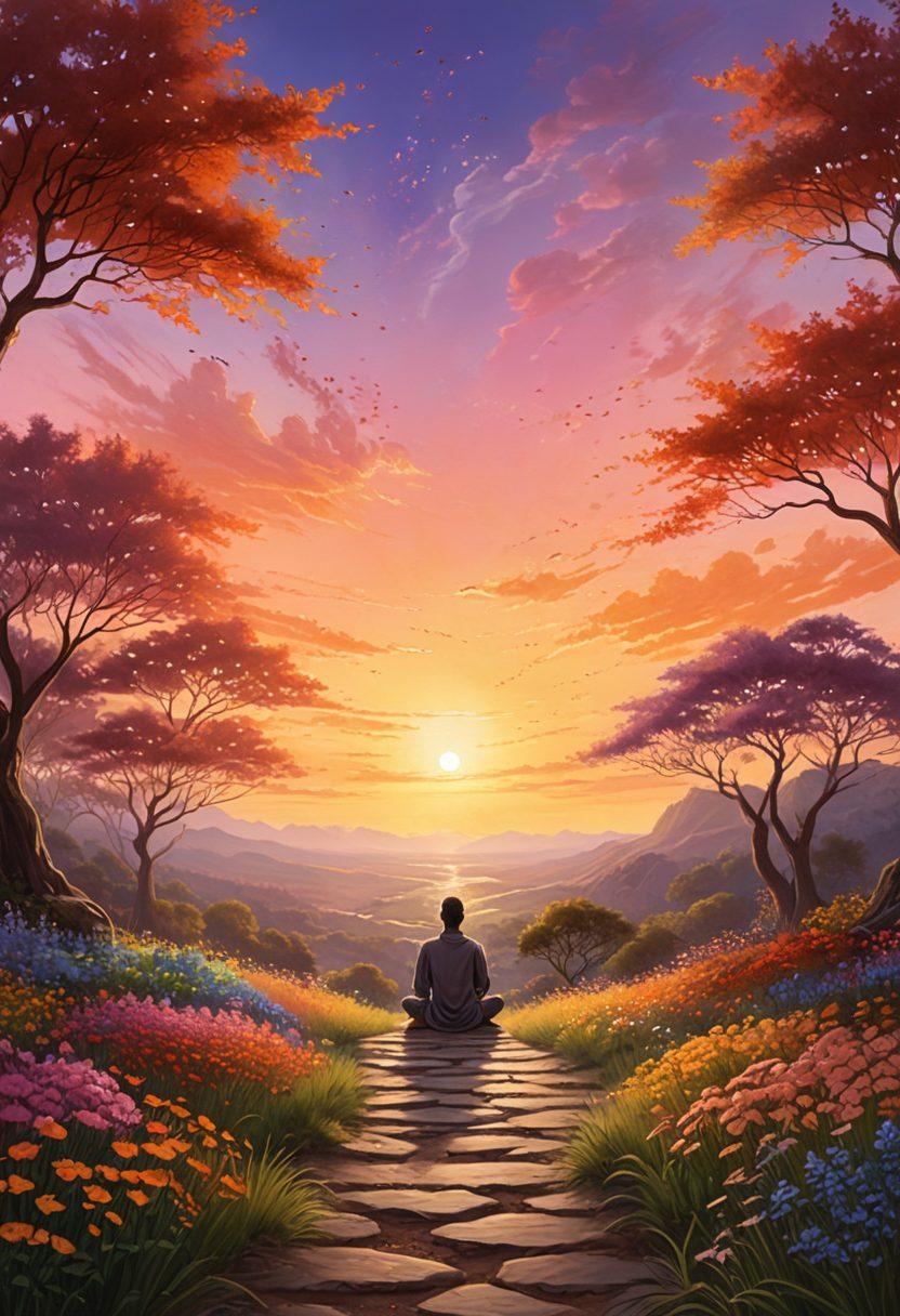 A serene landscape transitioning from shadowy, dark hues on one side to bright, warm colors on the other, symbolizing the journey from darkness to light. In the center, a figure is meditating, radiating a gentle glow, embodying emotional wellness and passion. Scattered flowers bloom along the path representing growth and healing. The sky holds a gradient of dawn colors as the light breaks through the darkness. super-realistic. vibrant colors. peaceful atmosphere.