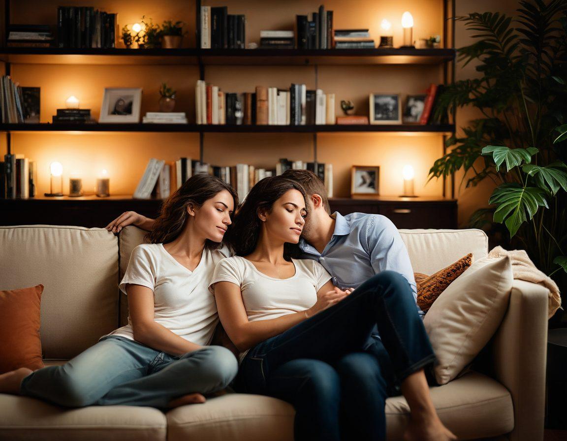 A warm and inviting scene depicting a diverse couple sitting closely together on a cozy couch, surrounded by soft lighting and personal mementos that reflect their shared experiences. They are engaged in deep conversation, with subtle expressions of affection, symbolizing emotional intimacy. The background features plants and a bookshelf, enhancing the sense of home and connection. soft-focus, warm tones, and a touch of romance in the atmosphere.
